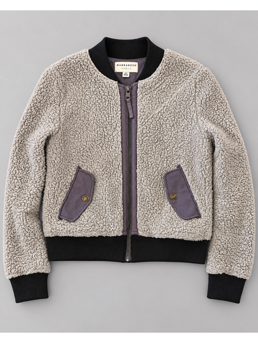 Marrakech Cozy Sherpa Bomber Jacket in Cream and Black, Size Small
